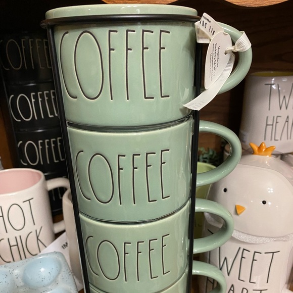 Rae Dunn Other - Rae Dunn Set of 4 Green Coffee Mugs in Wire Rack